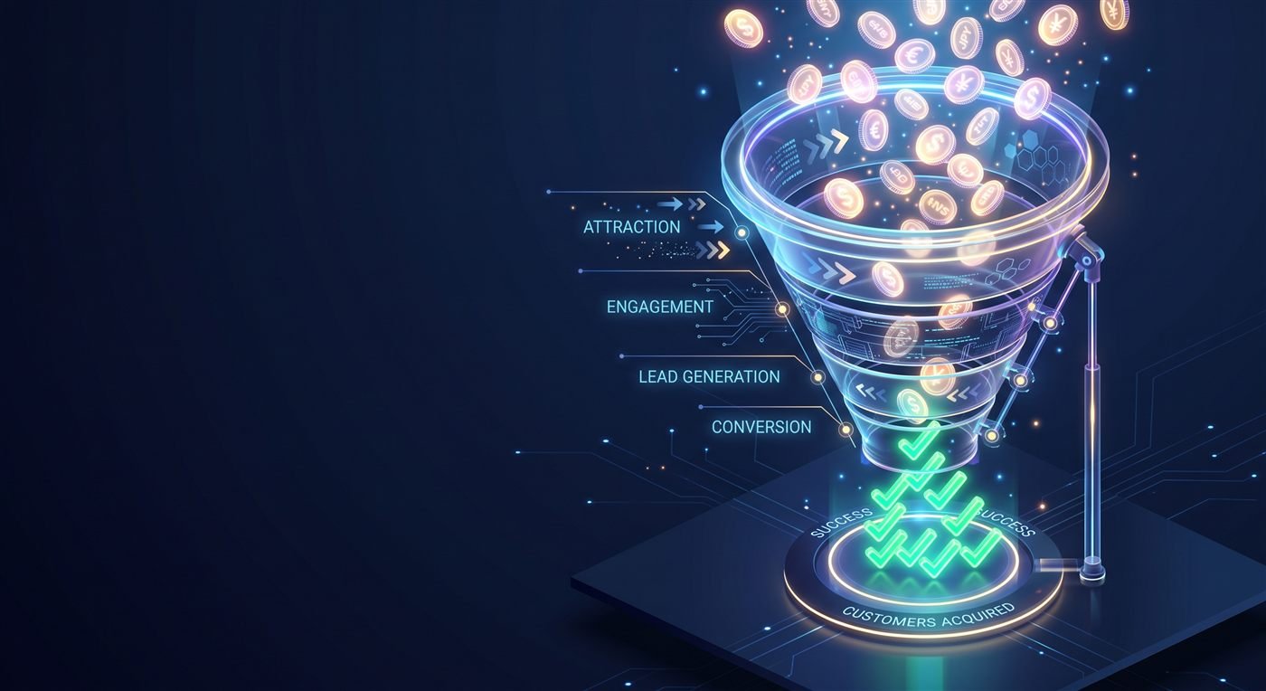 Conversion funnel turning attention into acquired customers